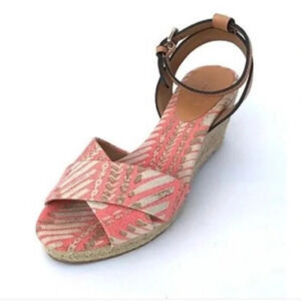 Coach New York coral and cream coach leather canvas raffia wedge heel sandal 8.5